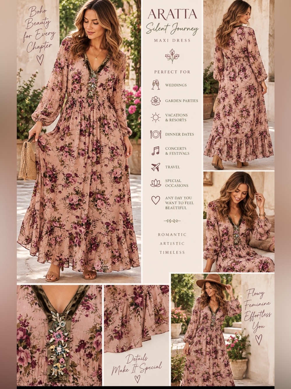 Aratta Silent Journey Floral Pink Rose Maxi Dress Women XL NEW Boho Coquette